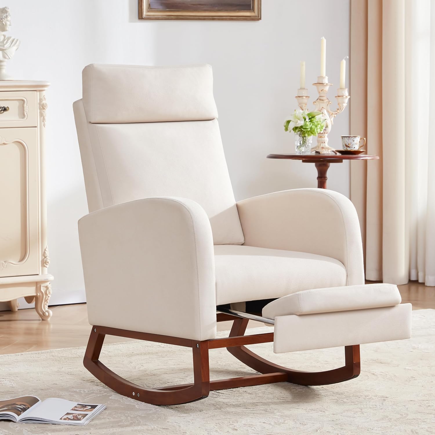 Rocking Chair Nursery High Back Rest Glider Rocker with Footrest Nursing Rocking Chairs Upholstered Accent Arm Chair for Living Room Bedroom Indoor, Beige