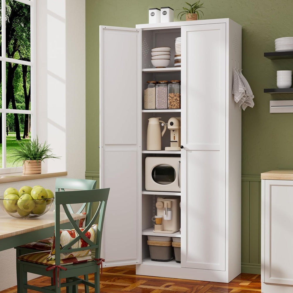 72" White Metal Kitchen Pantry Cabinet with Doors & 5 Adjustable She...