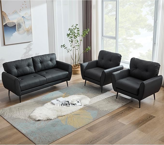 TYBOATLE Sofa Couch 61" Small Loveseat Couches for Living Room Leather Couch Mid Century Modern Tufted Mini Sofa Comfy Office 2 Seat Settee Love Seat for Small Spaces Bedroom (3, Black)