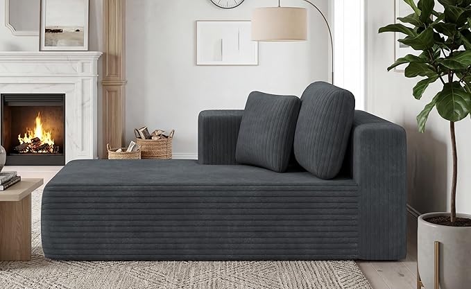 KINGYES Boneless Chaise Lounge Chair for Modular Sectional Sofa, L Shape Corduroy Upholstered Chaise Lounge for Living Room, Gray
