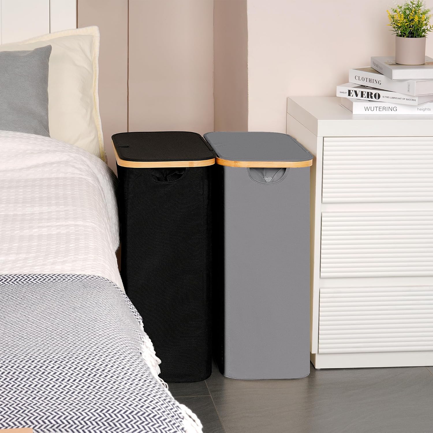 efluky Slim Laundry Basket with Lid, Narrow Laundry Hamper with Removable Bag, Skinny Dirty Clothes Basket with Bamboo Handles for Bathroom, Bedroom & Laundry Room, 65L Grey