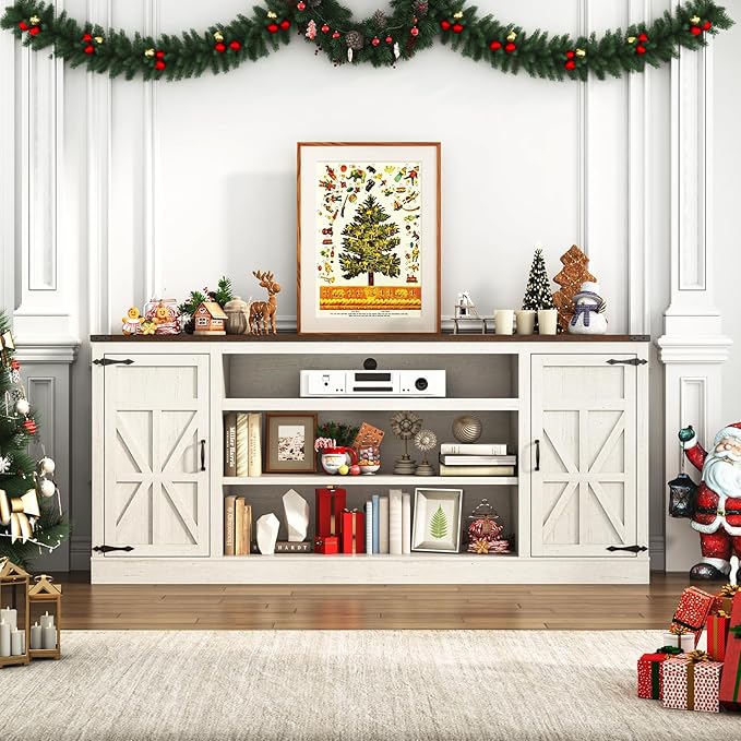 75" Farmhouse TV Stand with Power Outlets for 85 Inch TVs, 33" Tall Entertainment Center with Storage Cabinets w/Adjustable Shelves, Rustic Large TV Media Console, Rustic White