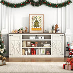 75" Farmhouse TV Stand with Power Outlets for 85 Inch TVs, 33" Tall Entertainment Center with Storage Cabinets w/Adjustable Shelves, Rustic Large TV Media Console, Rustic White