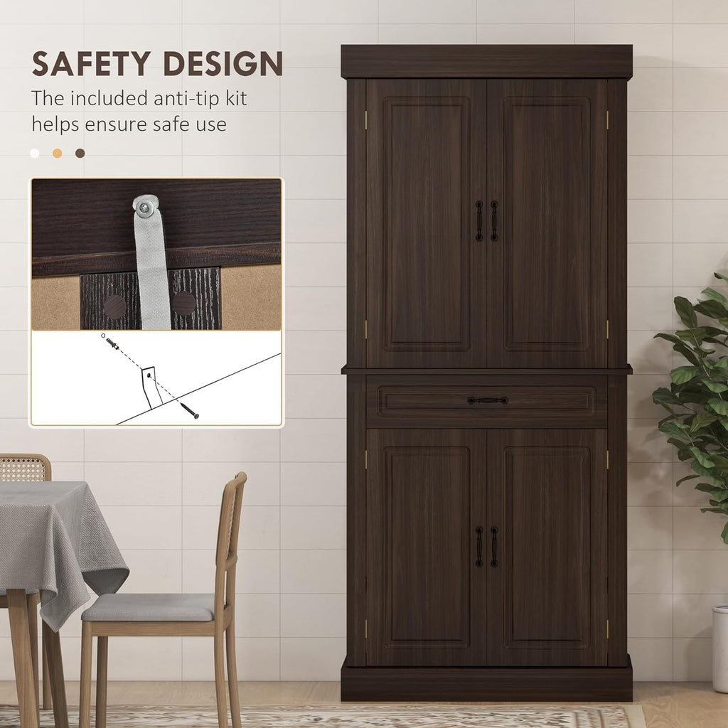 71" Freestanding Kitchen Pantry with 4 Doors, and 2 Large Cabinets, Tall Storage Cabinet with Wide Drawer for Dining Room, Coffee