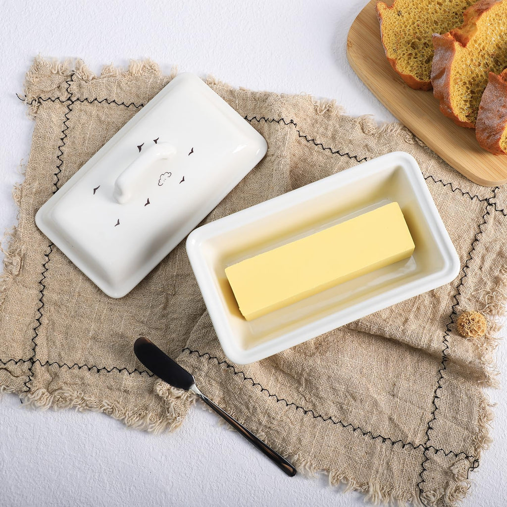 Ceramic Butter Dish with Lid Butter Keeper Butter Plate Tray for Kitchen Countertop, Farm Animals Cow Pig and Rooster Pattern Butter Crock Keeper Saver