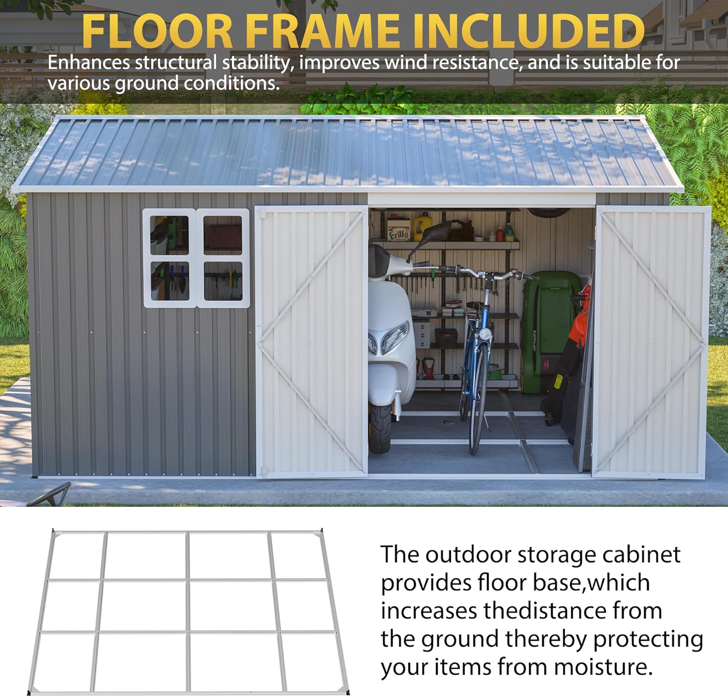 12x10 FT Outdoor Storage Shed with Floor Frame & Window, Heavy Duty Metal Garden Tool Shed with Double Lockable Doors, Waterproof Backyard Utility Shed for Bikes, Lawn Mowers, Tools, Equipment