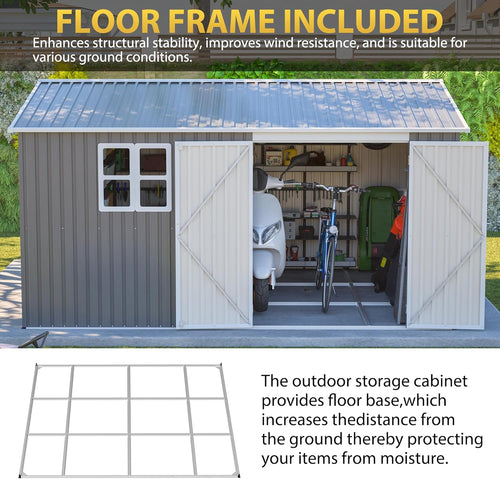 12x10 FT Outdoor Storage Shed with Floor Frame & Window, Heavy Duty Metal Garden Tool Shed with Double Lockable Doors, Waterproof Backyard Utility Shed for Bikes, Lawn Mowers, Tools, Equipment