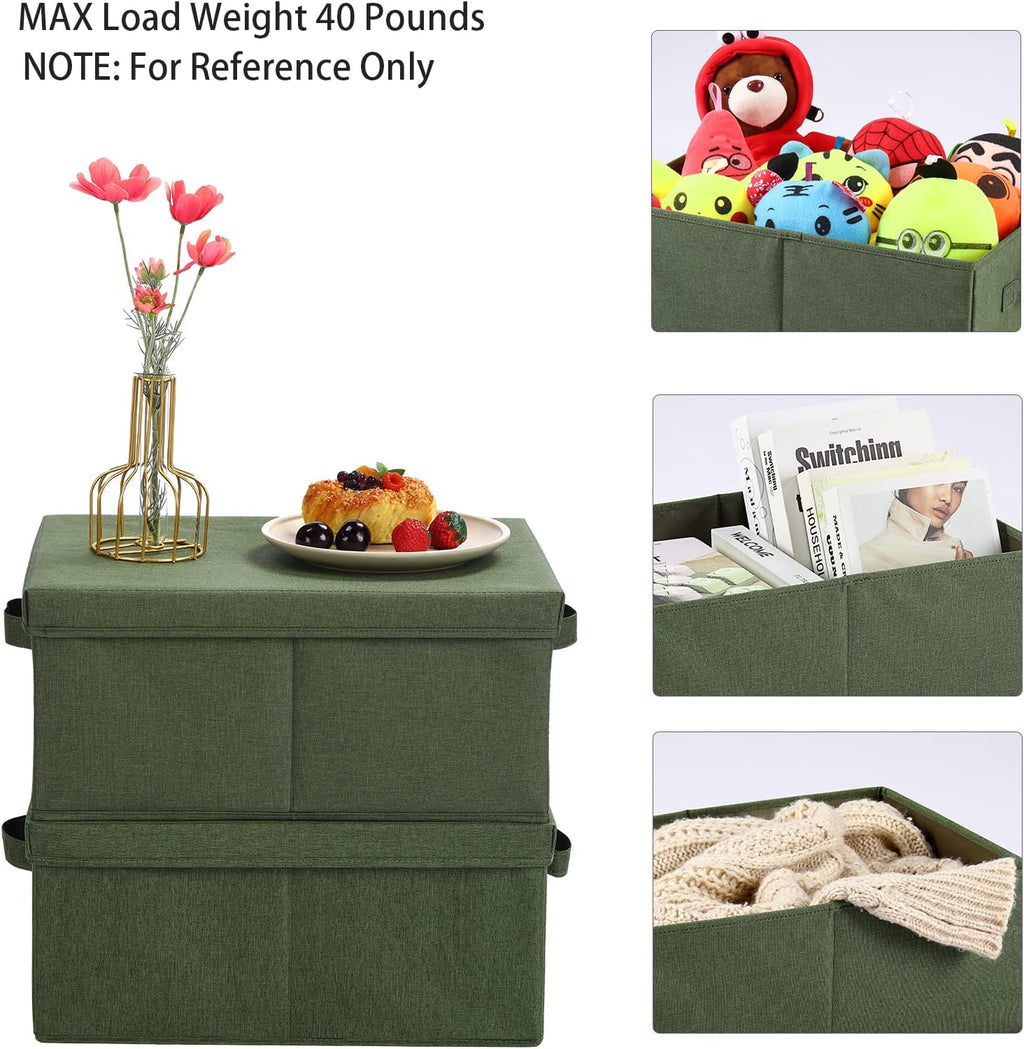 HOONEX Storage Bins with Lids for Organizing, Pack of 2, Storage Boxes with 2 Carrying Handles and Sturdy Heavy Cardboard, 16.5" L x 11.8" W x 7.5" H for Shoes, Books, Clothes, Olive