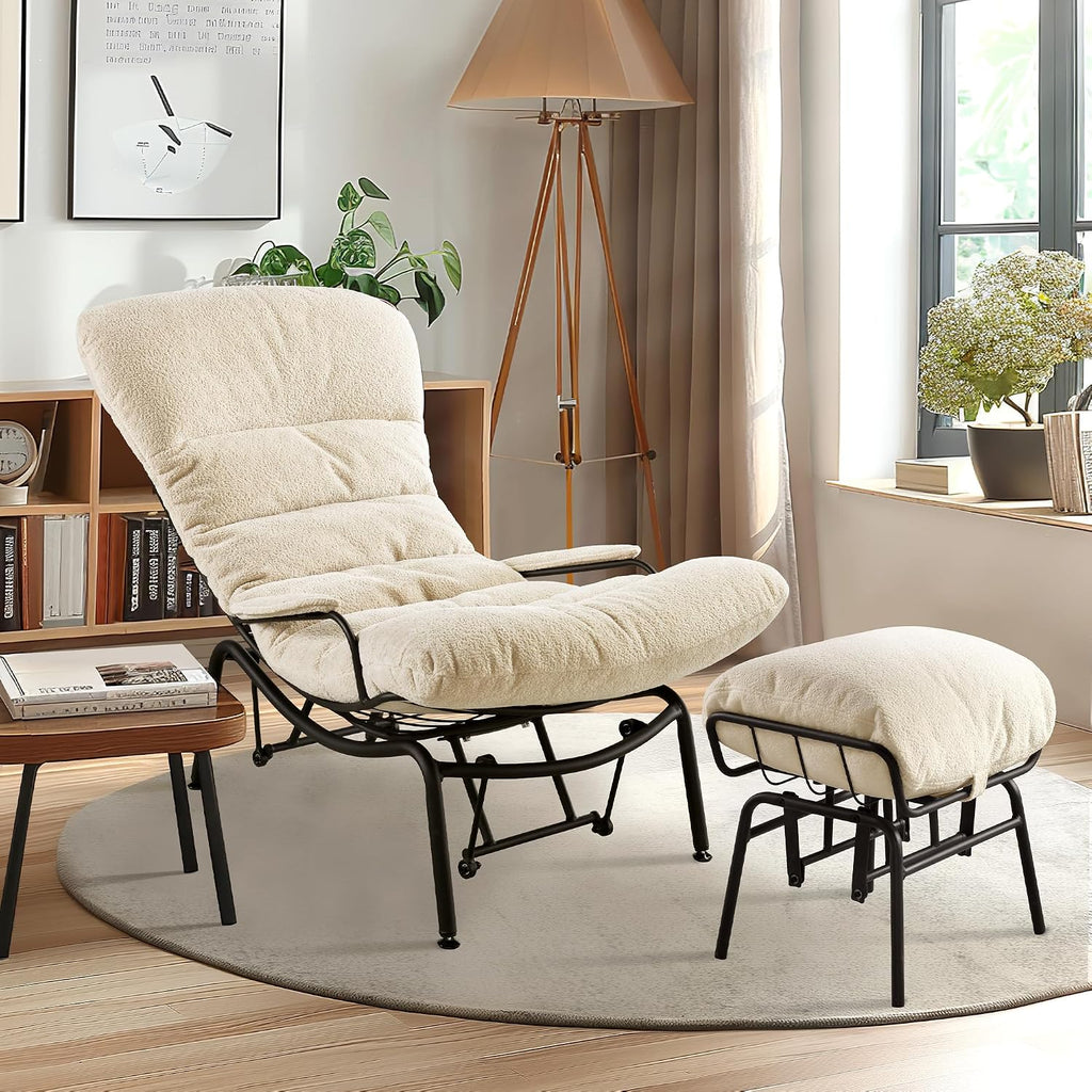 Lazy Lounge Chaise Chair with Ottoman, Cozy Accent Rocking Chairs for Adults with Arm Cushion Armrest, Comfy Reading Book Chair with Gilder Ottomans for Bedroom Living Room, Beige, Sherpa Fabric