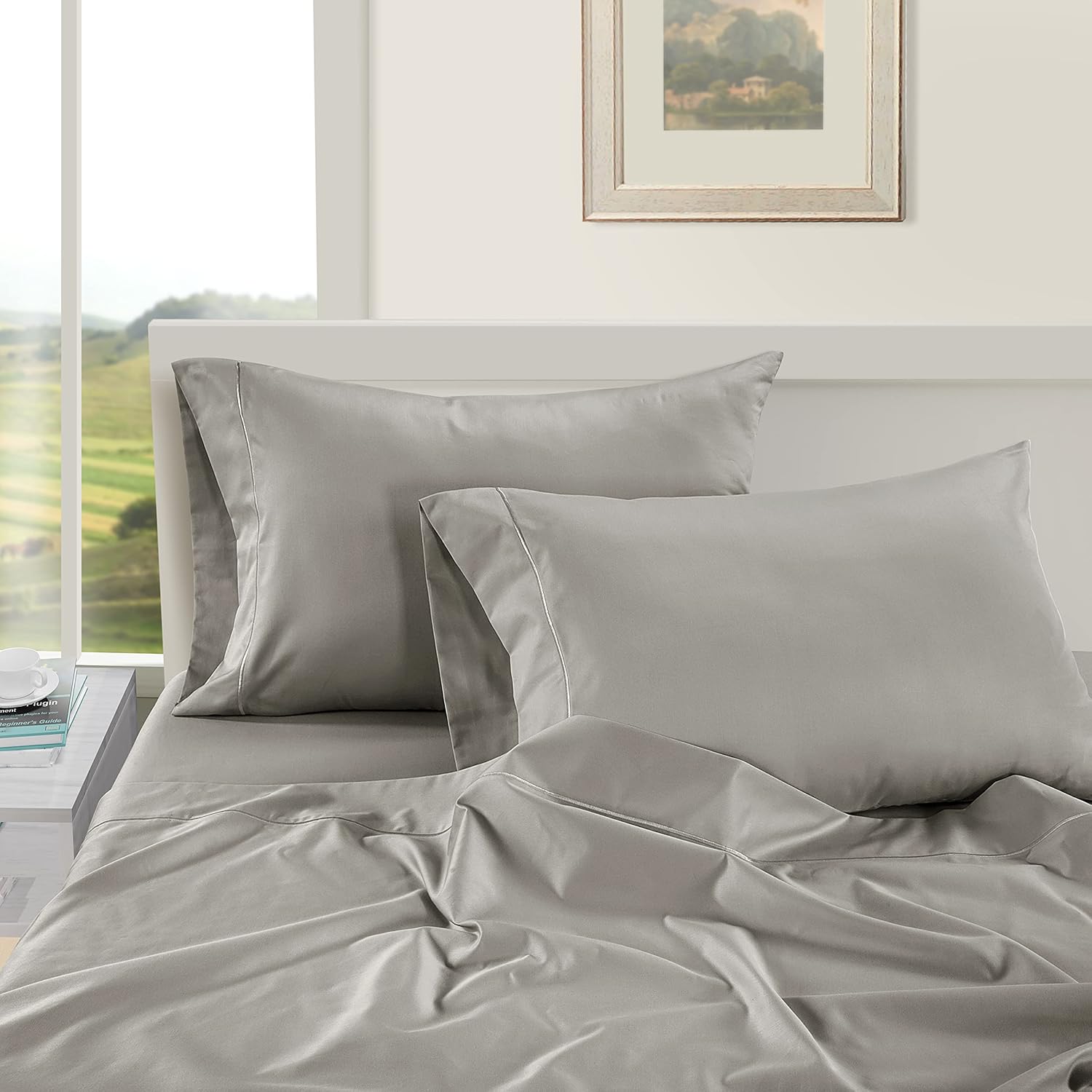 LANE LINEN Pillow Case Covers King Set of 2 100% Egyptian Cotton Sateen Soft Cool & Smooth 1000 Thread Count Cases - Silver