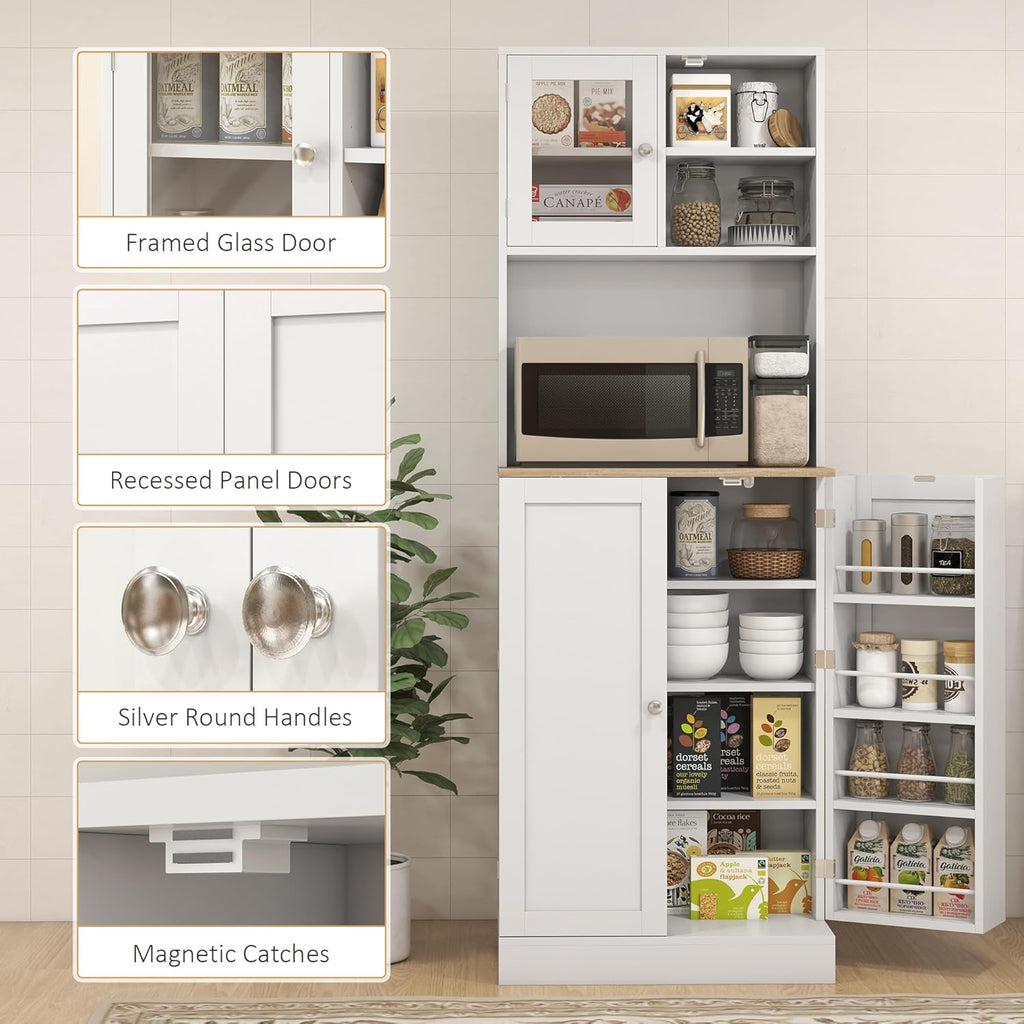 66.5" Kitchen Pantry, Freestanding Storage Cabinet with Microwave Stand, Hutch, 8 Door Shelves, Adjustable Shelves, White, Easy to Maintain, for Dining Room