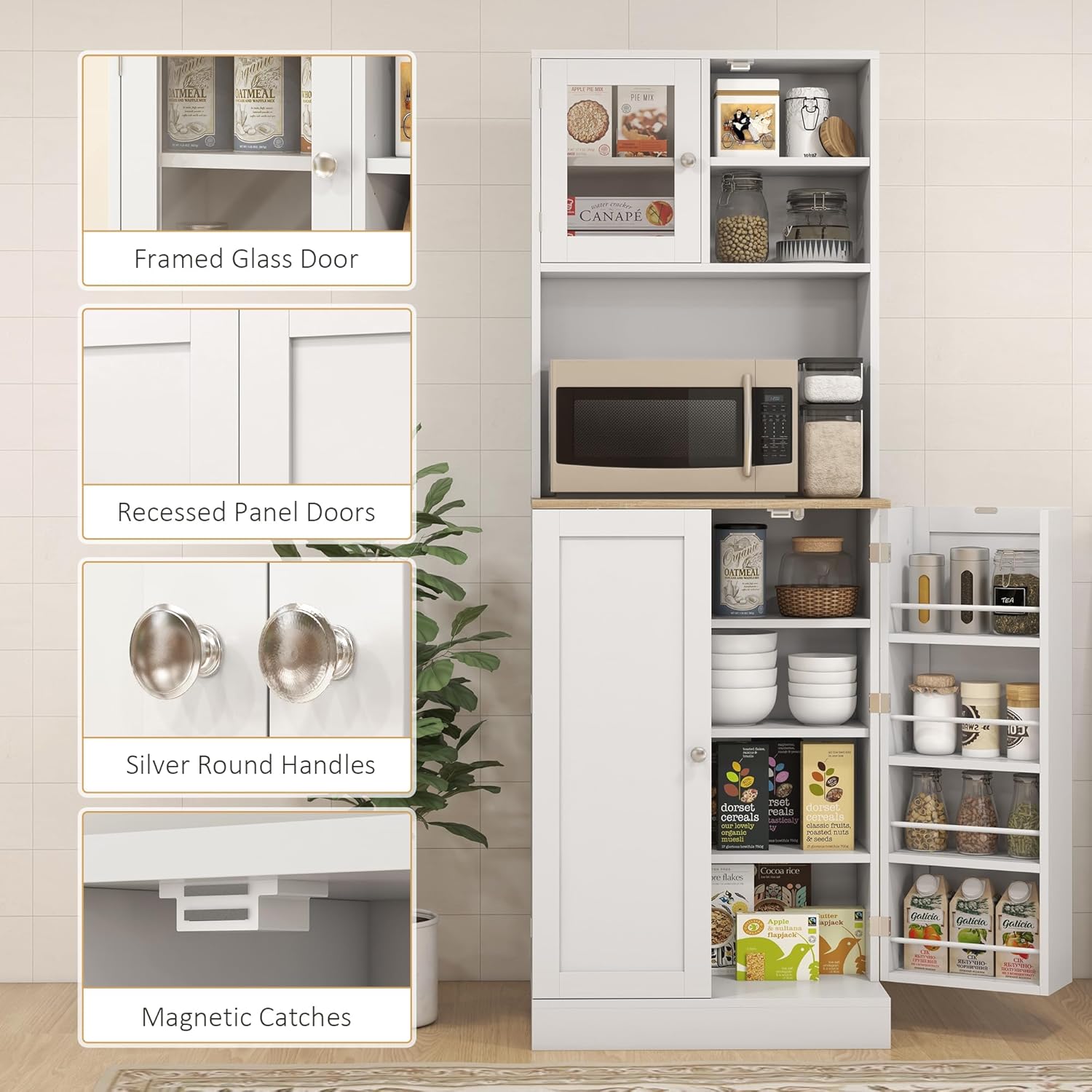 66.5" Kitchen Pantry, Freestanding Storage Cabinet with Microwave Stand, Hutch, 8 Door Shelves, Adjustable Shelves, White, Easy to Maintain, for Dining Room