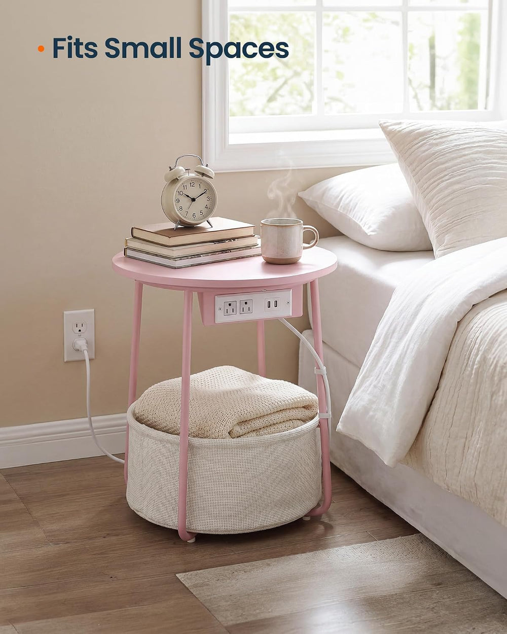 SONGMIC HOME Round Side End Table, Nightstand with Charging Station and Fabri...