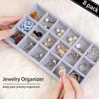 8 Pack Earring Organizer Holder Velvet Jewelry Tray for Drawer Stackable Jewelryy Organizer Divided Display Tray for Earring 18 Grids