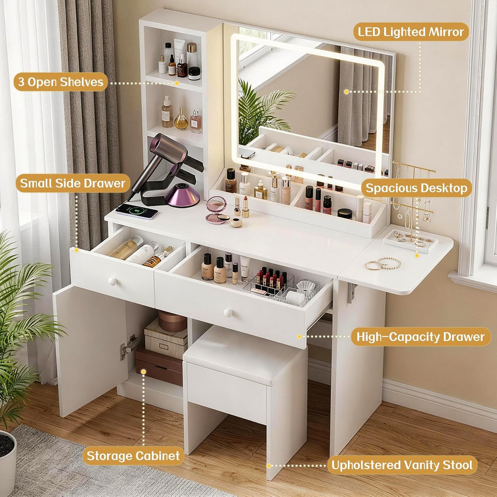 FUXA Vanity Desk with Lighted Mirror, Charging Station and Chair, White | Sto...