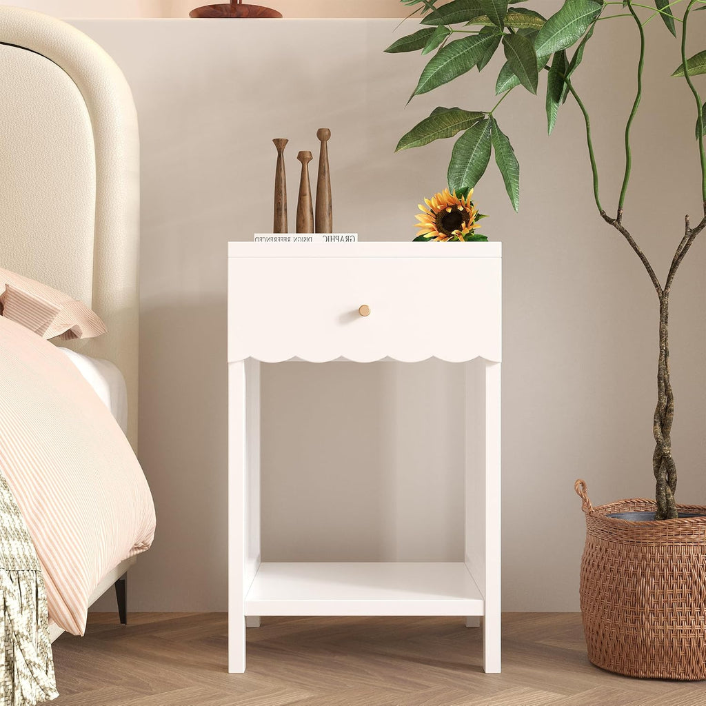 Night Stand Nightstand with Drawer and Open Shelf, Cute Scalloped Edge Bedside Table for Girls Bedroom, Modern Wood End Table, Coquette Preppy Room Decor Bedroom