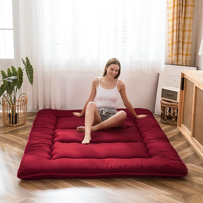 MAXYOYO Japanese Floor Mattress Futon Mattress, 4" Thicken Tatami Mat Sleeping Pad Foldable Roll Up Mat Boys Girls Dormitory Pad Kids Floor Lounger Pillow Bed, Charcoal Grey, Queen Size