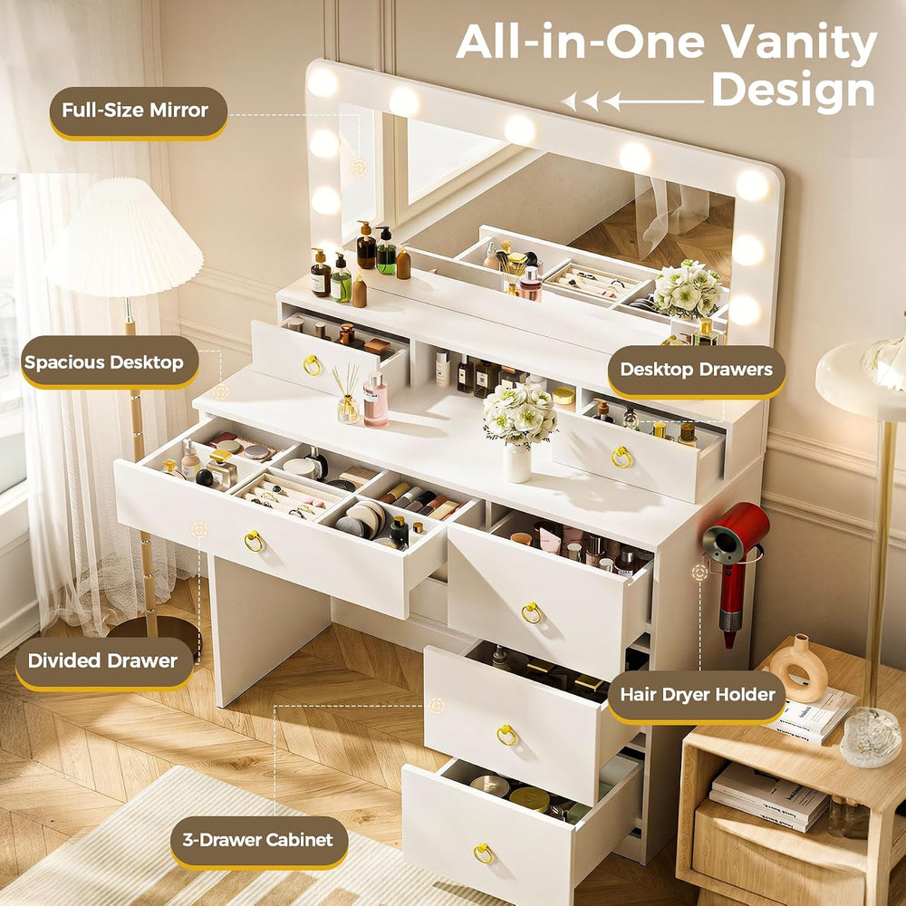 COMHOMA Makeup Vanity Desk with Mirror and Lights, Vanity Table with Divided ...