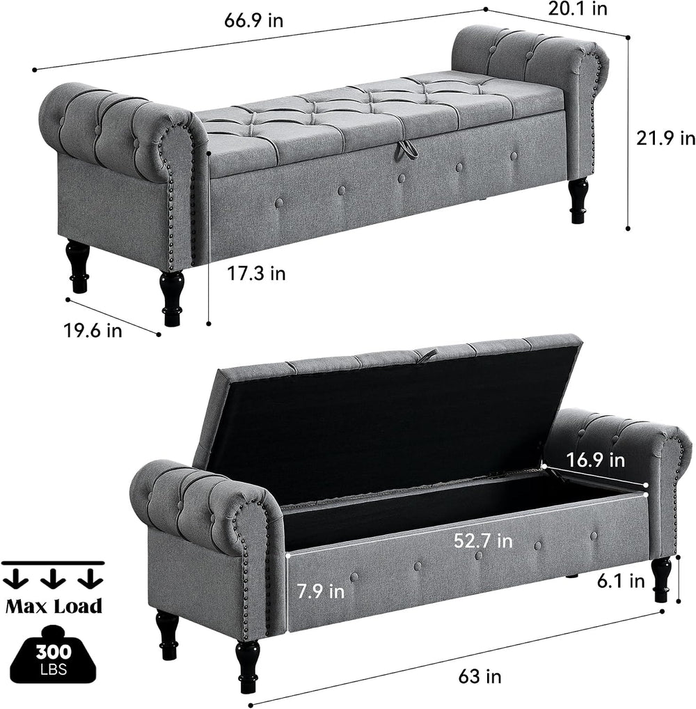 Storage Bench 67" Linen End of Bed Benches Grey | King Size Storage Benc...
