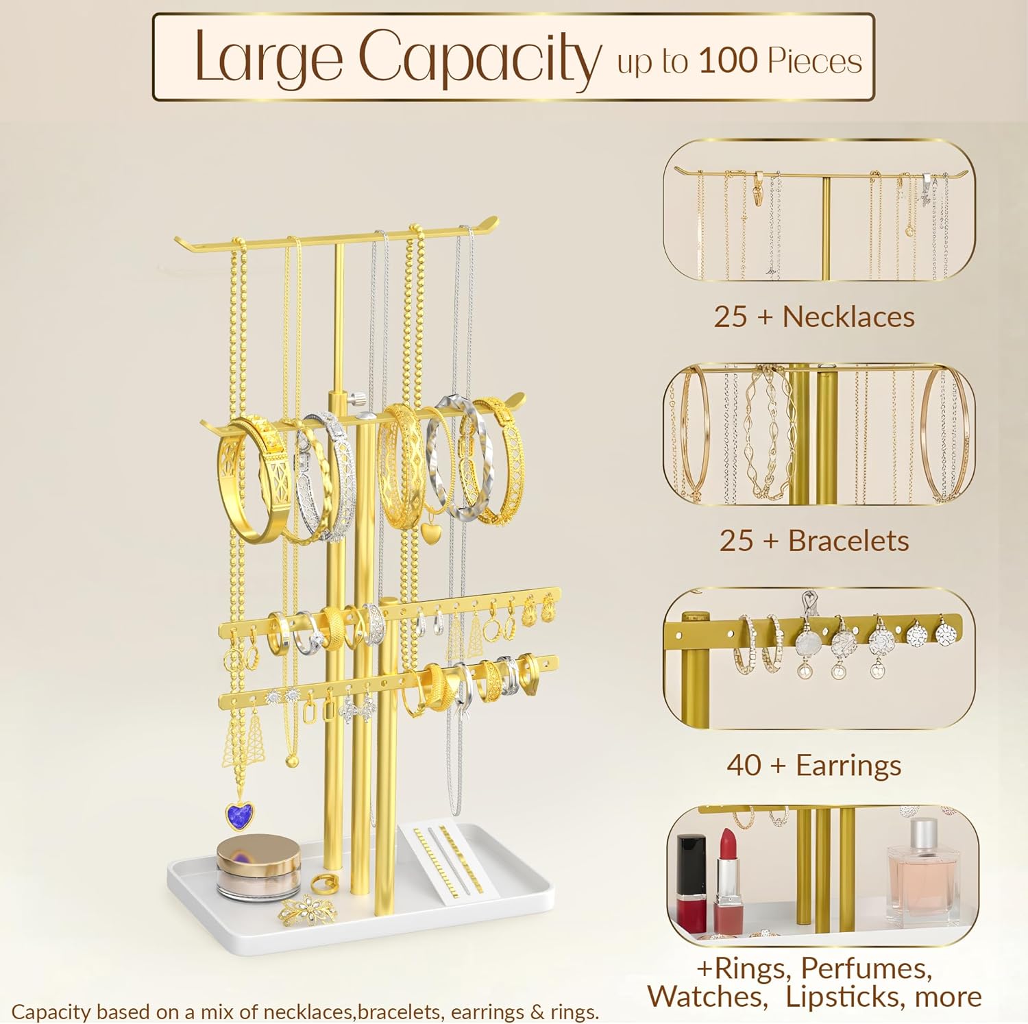 Jewelry Tower Stand Organizer for Women - Elegant Jewelry Holder Display with Necklace Holder, Earring Organizer & Bracelet Rack - Tabletop Jewelry Stand for Dresser, Vanity, Desk