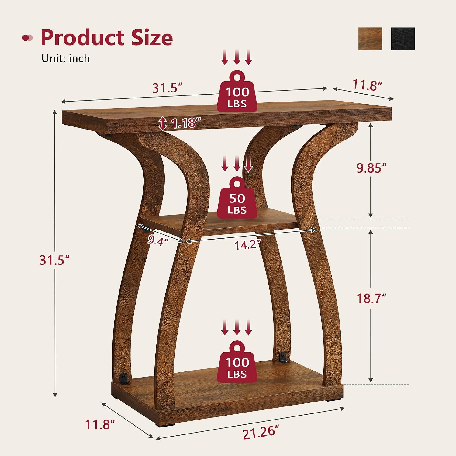 Tajsoon 3-Tier Farmhouse Console Table for Entryway 31.5", Rustic Brown
