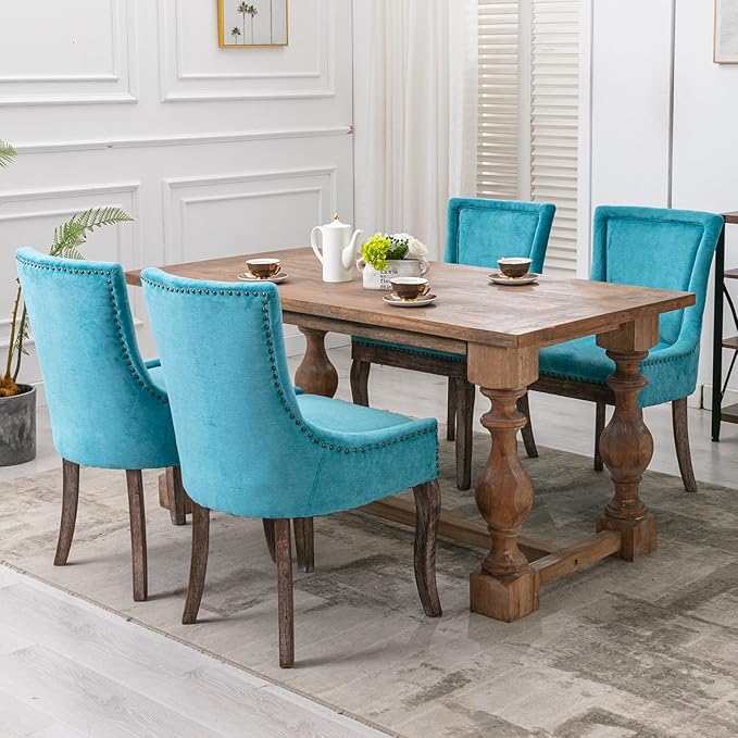 Modern Dining Chairs Set of 6, High Back Dining Chairs Side Chairs with Solid Wood Legs, Upholstered Fabric Dining Room Chairs for Dining Room Kitchen, Lake Blue
