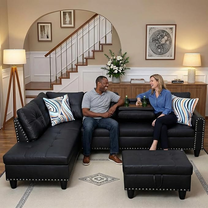 Sectional Couches for Living Room with Movable Chaise & Storage Ottoman - 97.5" Leather L Shaped Couches for Living Room Apartment, Home Modular Sectional Sofas with Cup Holder, Black