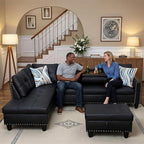 Sectional Couches for Living Room with Movable Chaise & Storage Ottoman - 97.5" Leather L Shaped Couches for Living Room Apartment, Home Modular Sectional Sofas with Cup Holder, Black