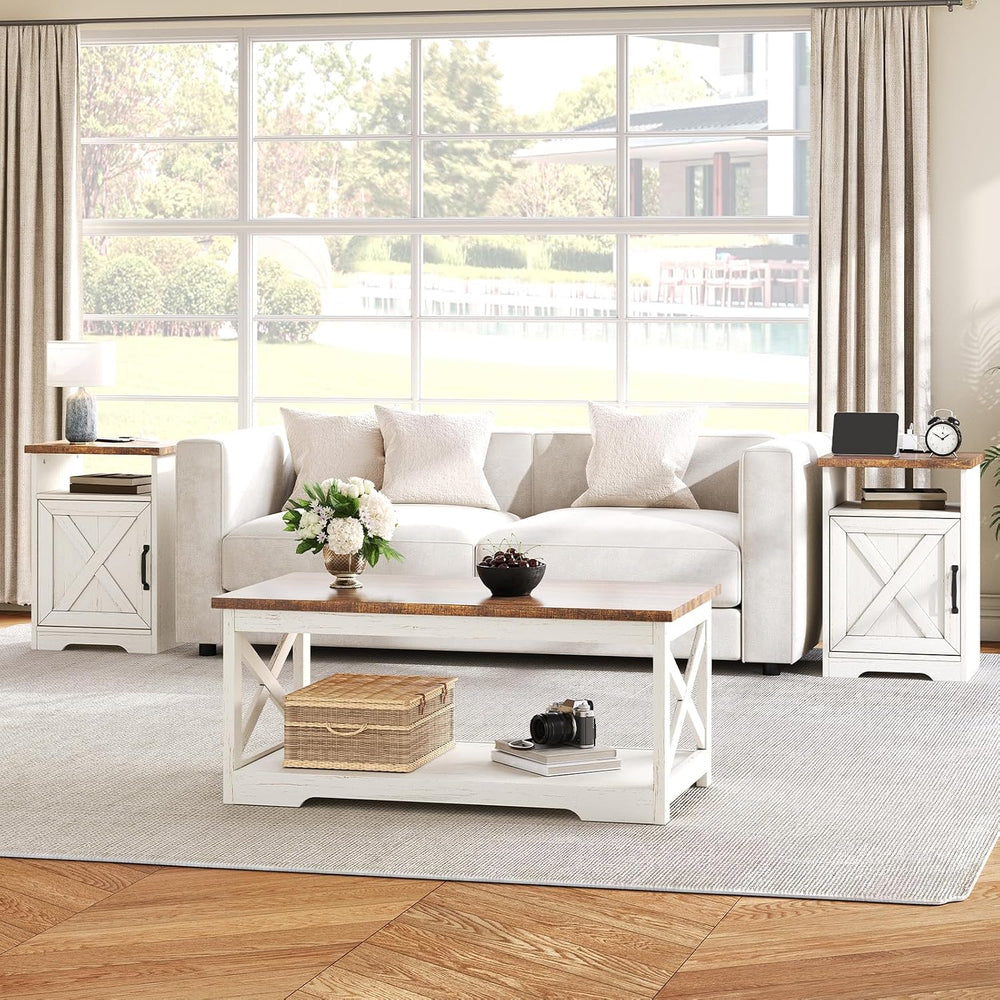 AMERLIFE 3 Piece Farmhouse Living Room Coffee Table Set, Distressed White | C...
