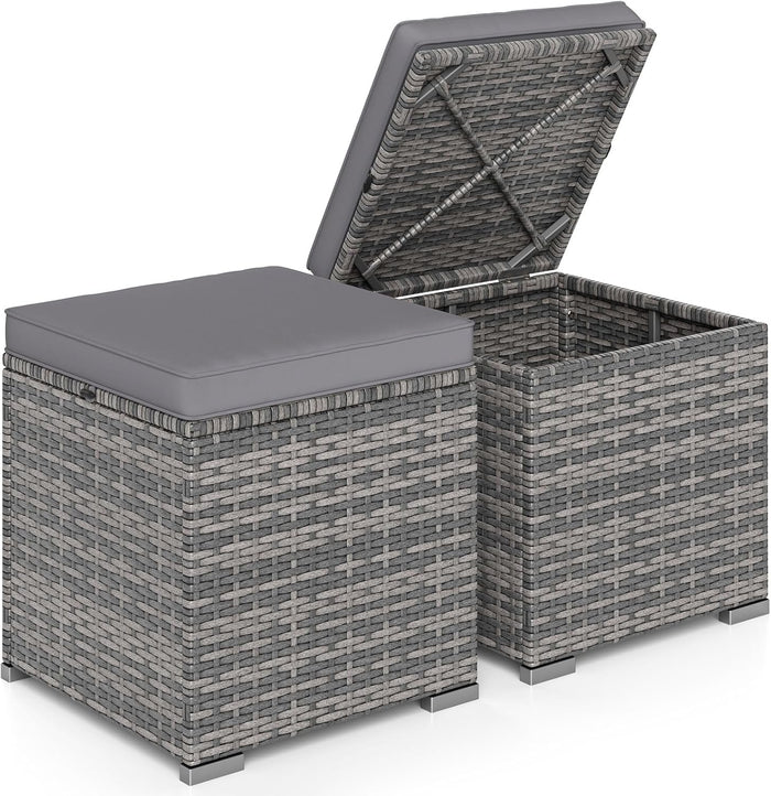 RELAX4LIFE Wicker Outdoor Storage Ottoman - 2-Piece Rattan Footstool w/Removable Cushion, Multipurpose Footrest Foot Stool Seating, Set of 2 Outdoor Ottomans for Patio Deck (Mix Grey-Grey)