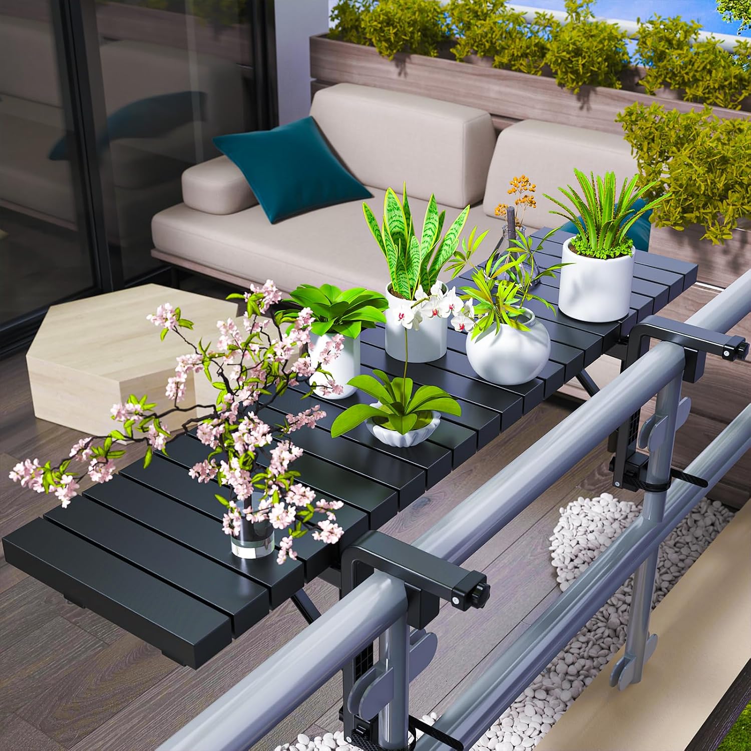 Balcony Table Outdoor Patio Bar Balcony Bar Table for Railings | Heavy-Duty Metal 49"×9.6" Balcony Side Table Holds 110 lbs, Patio Side Table with Adjustable support legs, Fits ≤4.4” Rails