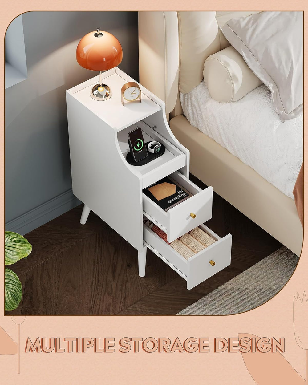 WLIVE Small Nightstand with Drawers, Narrow Bedside Tables with Open Shelf &a...