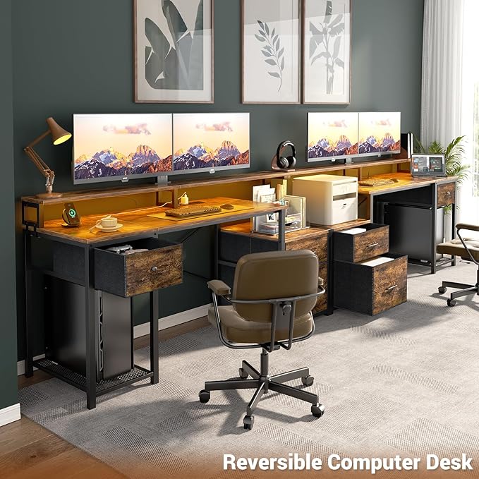 Aheaplus Computer Desk with 3 Drawers, Home Office Desk with File Drawer & Power Outlet, 59'' Gaming Desk with Led Lights, Long Work Desk with Storage, Printer Cabinet and Monitor Shelf, Rustic Brown