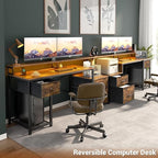 Aheaplus Computer Desk with 3 Drawers, Home Office Desk with File Drawer & Power Outlet, 59'' Gaming Desk with Led Lights, Long Work Desk with Storage, Printer Cabinet and Monitor Shelf, Rustic Brown