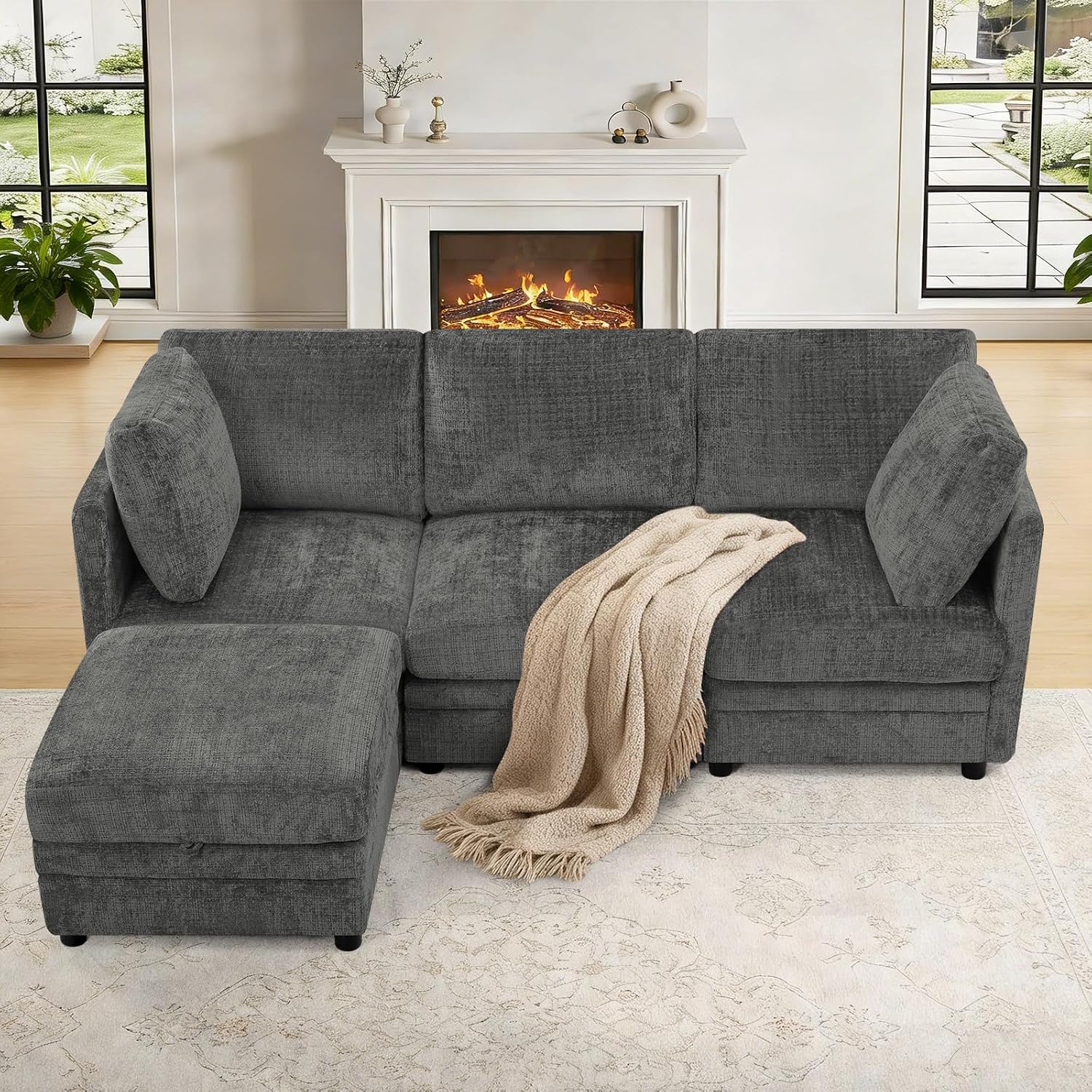 86” 4-Seater Chenille Modular Couch w/Adjustable Backrest, Grey | Upholstered L-Shape Sectional Sofa with Removable Ottoman, Convertible Sleeper Sofa with Storage Seats for Living Room