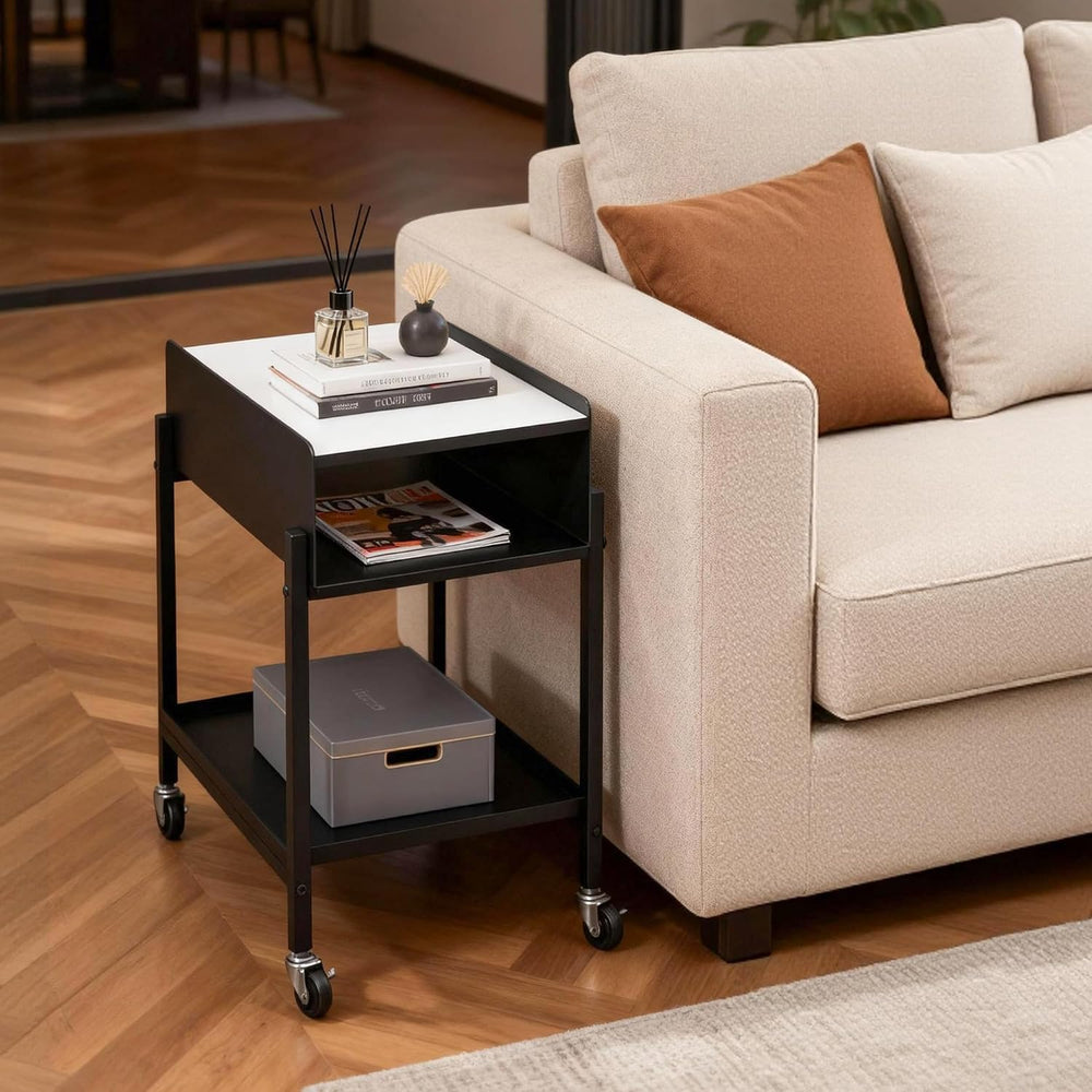 Rolling End Table with Wheels 3-Tier Narrow Side Table Black