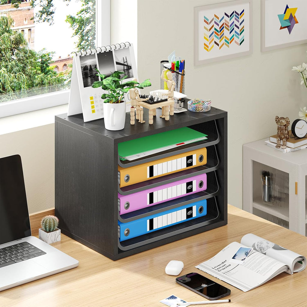 Simple Trending Desk File Organizers, 4-Tier Letter Tray Paper Organizer with File Holder, Wooden Paper Sorter for Office Supplies, Black