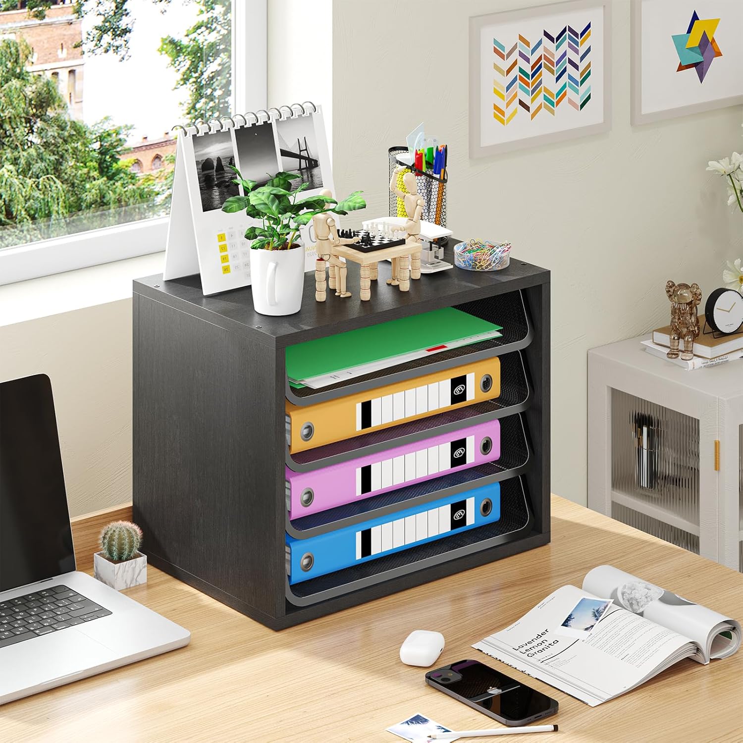 Simple Trending Desk File Organizers, 4-Tier Letter Tray Paper Organizer with File Holder, Wooden Paper Sorter for Office Supplies, Black