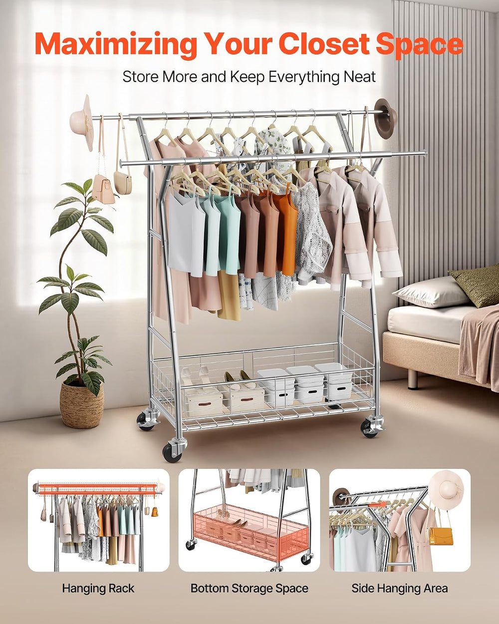 VEVOR Clothes Rack, Rolling Clothing Garment Rack, Extendable Carbon Steel Cl...