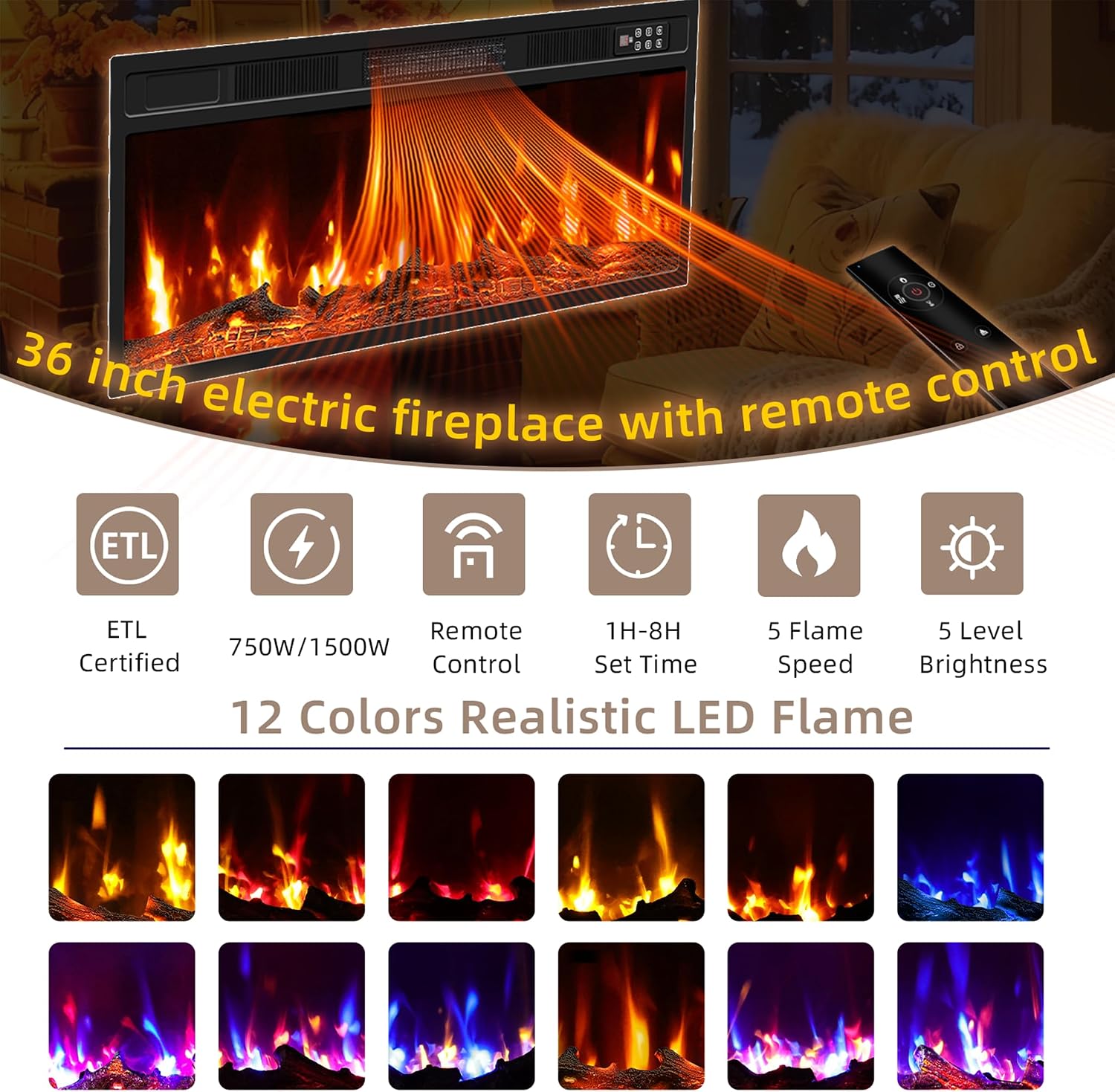 EAG 70" Electric Fireplace TV Stand with 36 inch Fireplace Up to 80" TVs, Entertainment Center with with Storage Cabinet & LED Lights, Modern Media Console for Living Room, Walnut