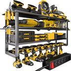 Heavy Duty 4-Tier Power Tool Organizer Wall Mount Rack, Quick Assembly Tool Wall Organizer with 8 Drill Holders & Charging Station, for Garage Workshop Shed Organization - 4 Shelves 8 Slots