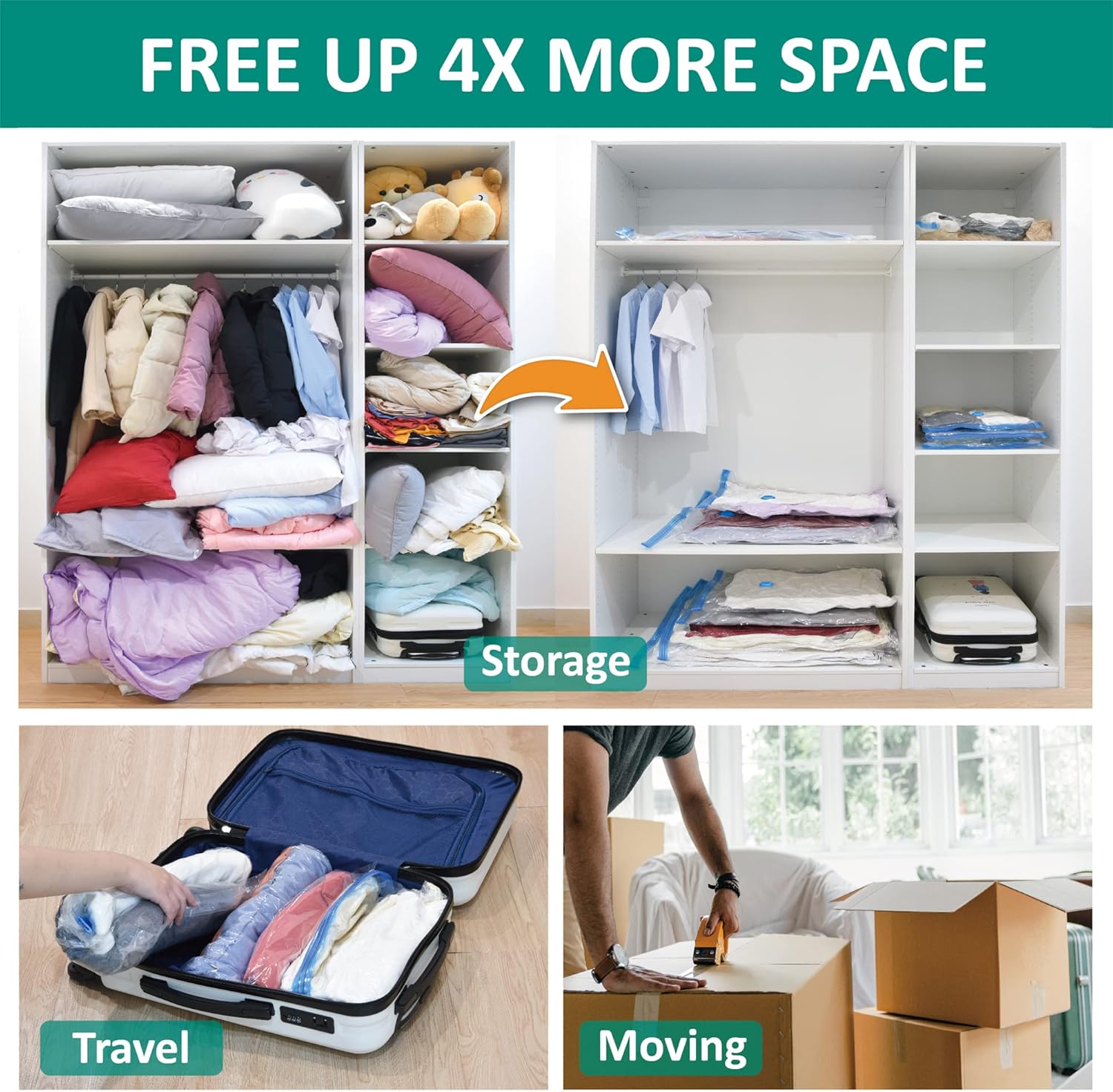 6 Jumbo Vacuum Storage Bags, Space Saver Bags Compression Storage Bags for Comforters and Blankets, Vacuum Sealer Bags for Clothes Storage, Hand Pump Included