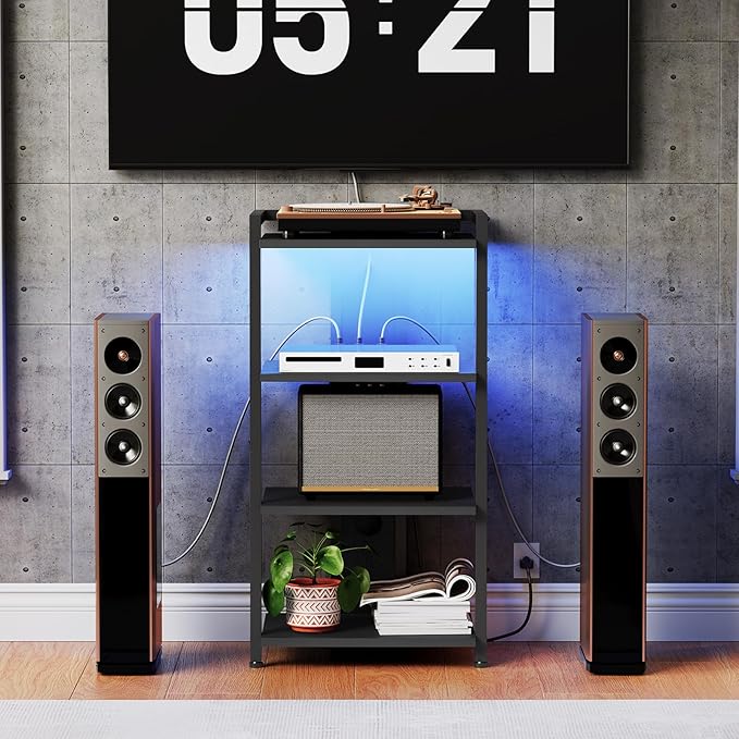 HOOBRO 4-Tier AV Media Stand with Charging Station and LED Light, Wooden Ster...