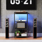 HOOBRO 4-Tier AV Media Stand with Charging Station and LED Light, Wooden Stereo Stand, Rack Audio Tower, Corner TV Stand, Entertainment Device, Black BB38UDCJ01