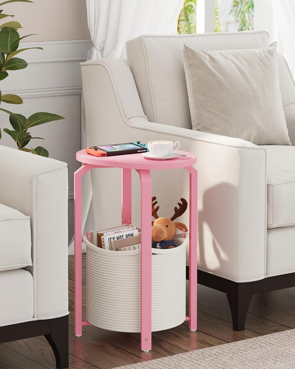 TUTOTAK Oval End Table with Woven Storage Basket, Pink Small Side Table for L...
