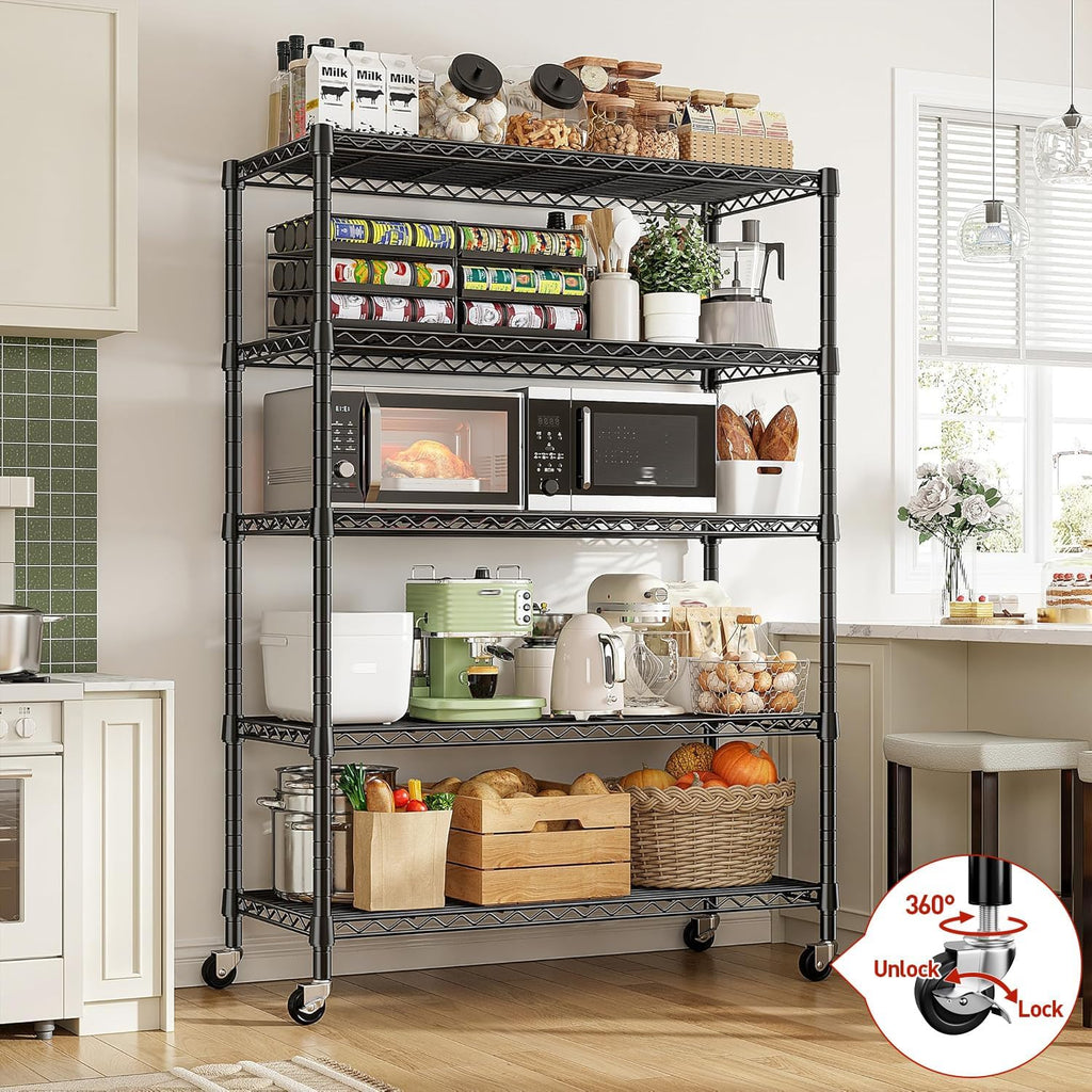 REIBII 73''H Storage Shelves 1660LBS Wire Shelving Unit with Wheels 5 Tier Metal Shelving,Heavy Duty Metal Shelves for Storage Rack,73''HX35''WX15''D