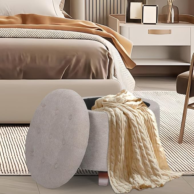 Athena Collection 20 Inch Small Ottoman with Storage, Round Linen Fabric Storage Ottoman with Removable Lid, Stylish Footstool Foot Rest for Living Room, Bedroom, Dorm, Khaki