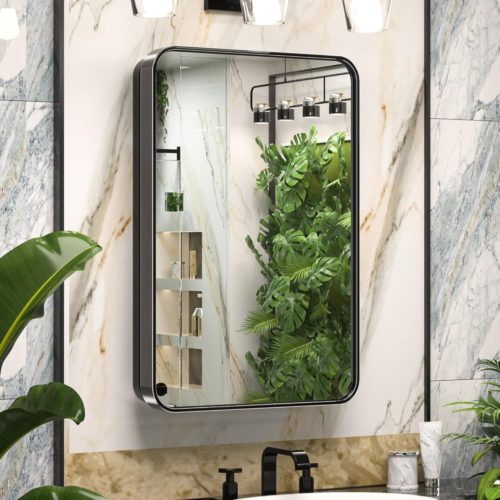 Keonjinn 16" x 24" Black Medicine Cabinet Mirror, Stainless Steel F...