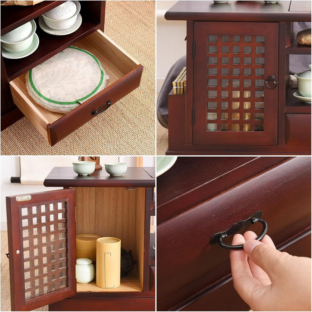 Japanese Tea Cabinet Floor Table, Paulownia Wood Side Table with Tray and Sto...