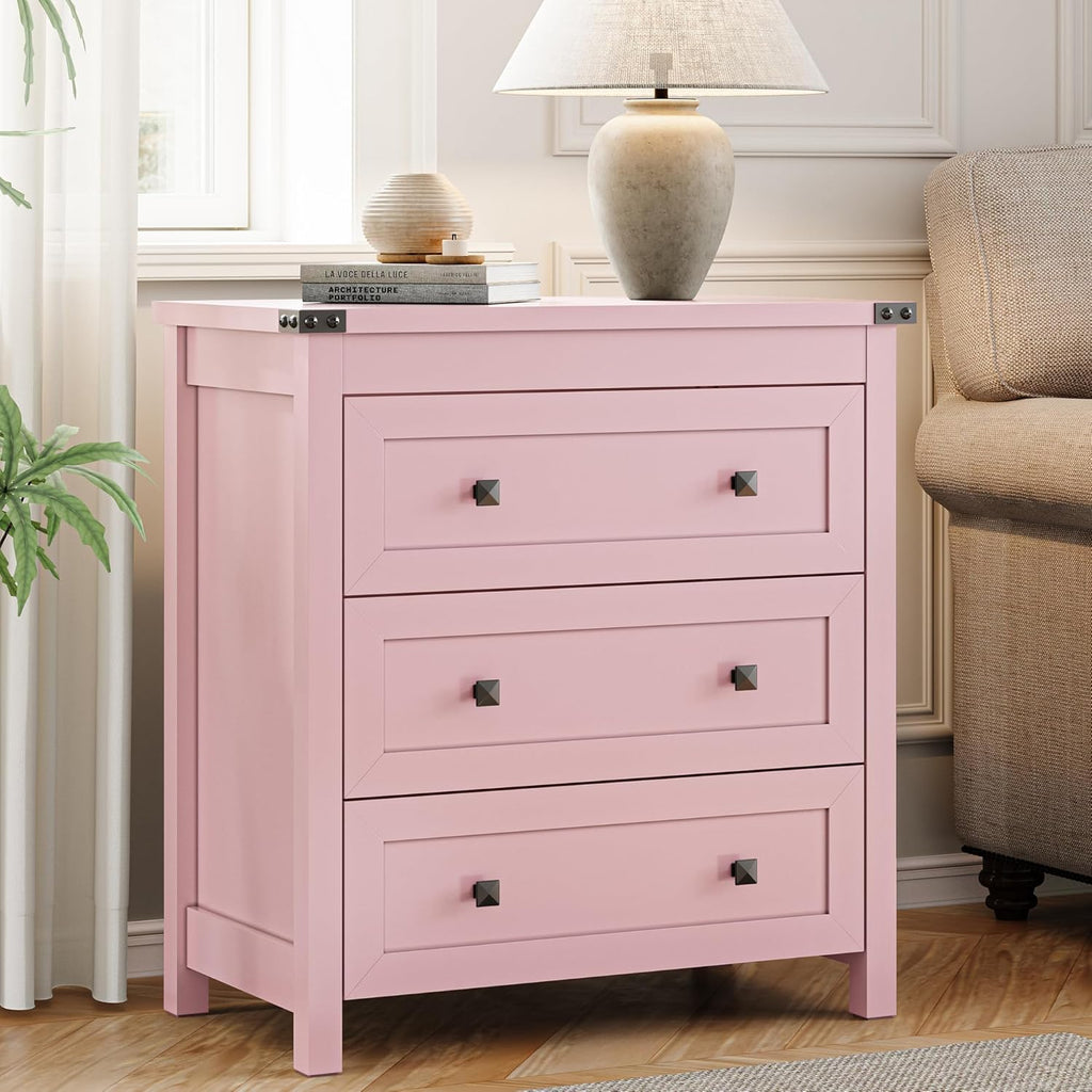Dresser for Bedroom with 3 Drawers, Small Chests of Drawers, 27.55" Wide Farmhouse Wood Nightstand Bedside Cabinet End Table, Modern Closet Storage Organizer for Living Room, Entryway, Hallway, Pink